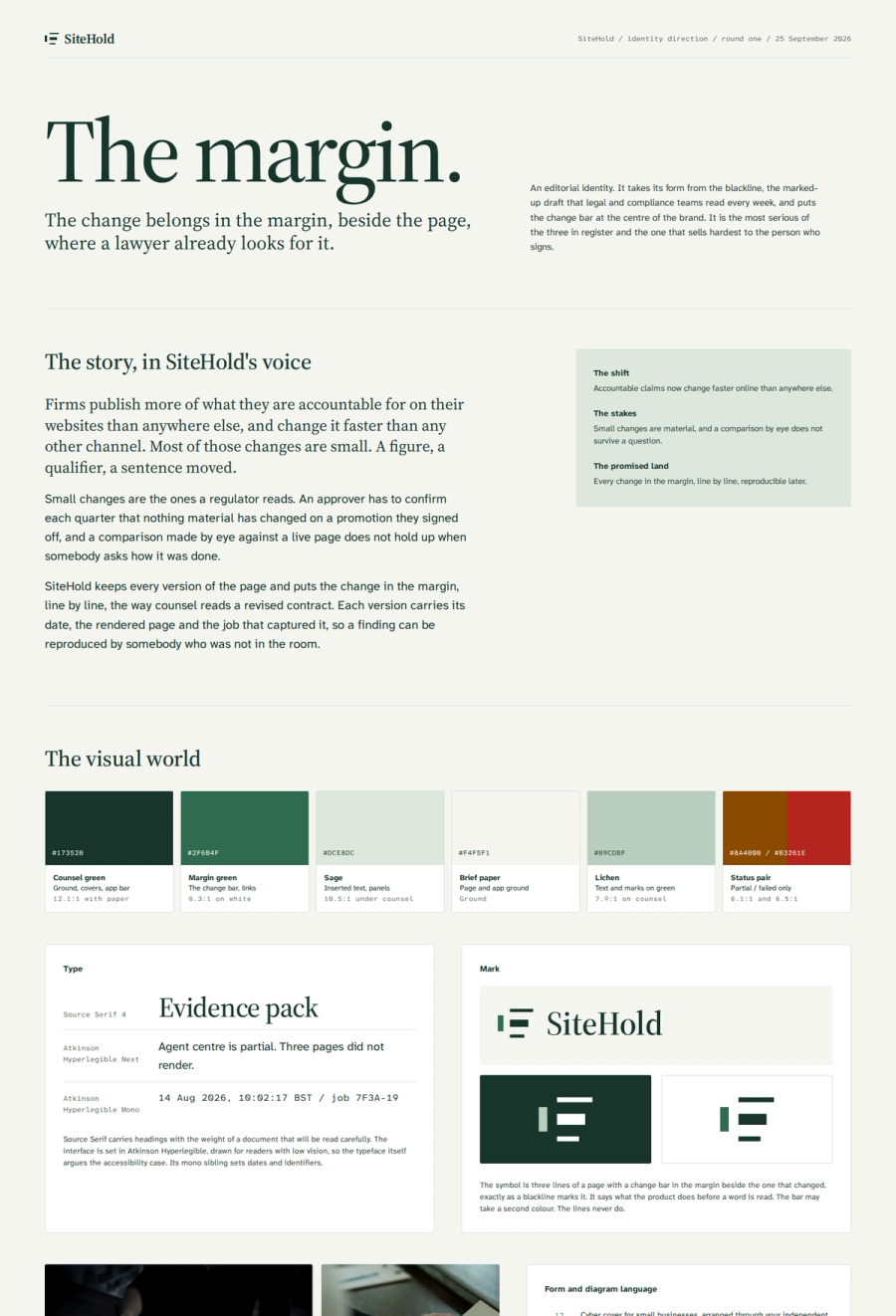 The margin identity direction: a serif wordmark on counsel green, with the change shown in the margin beside the page