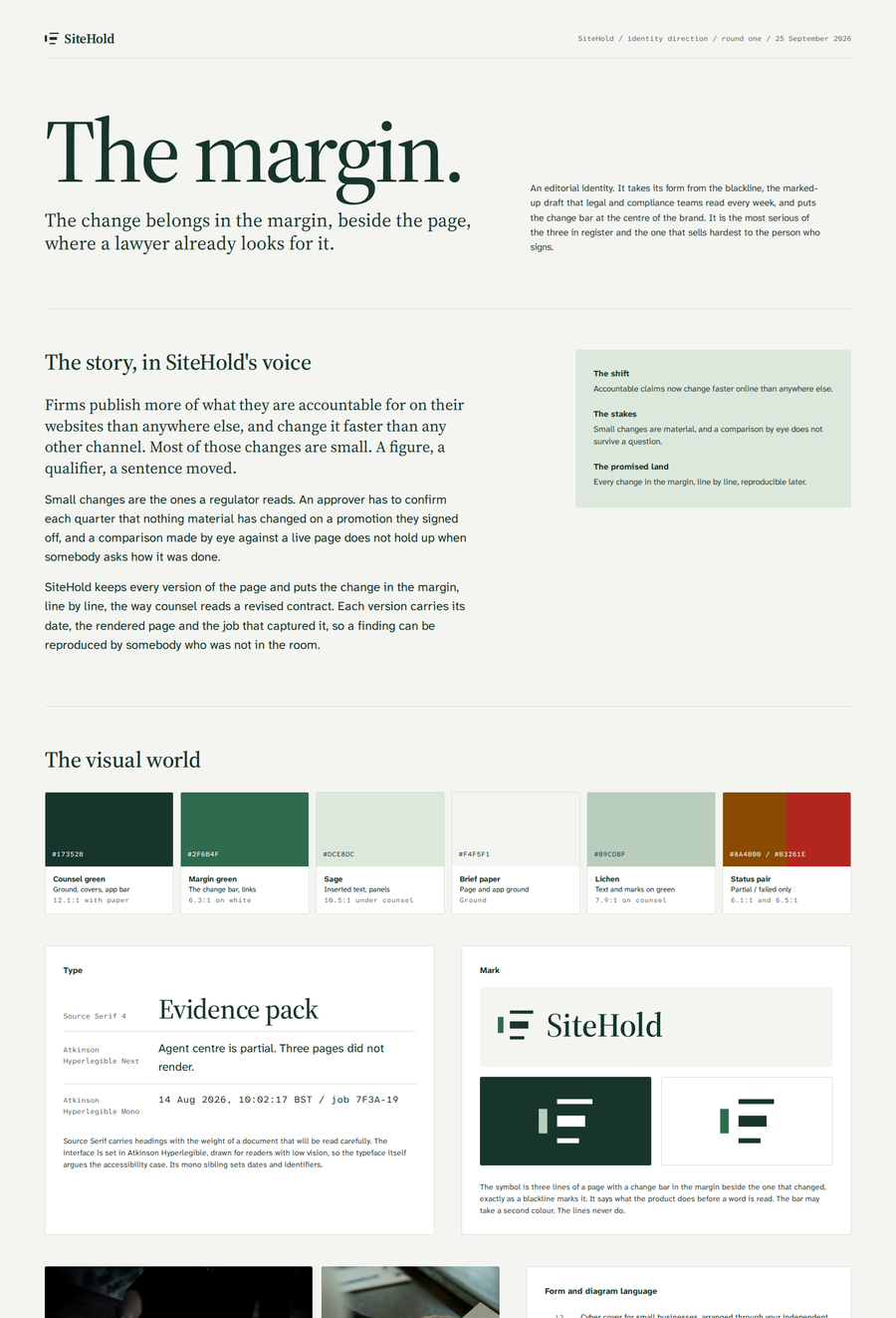 The margin identity direction: a serif wordmark on counsel green, with the change shown in the margin beside the page