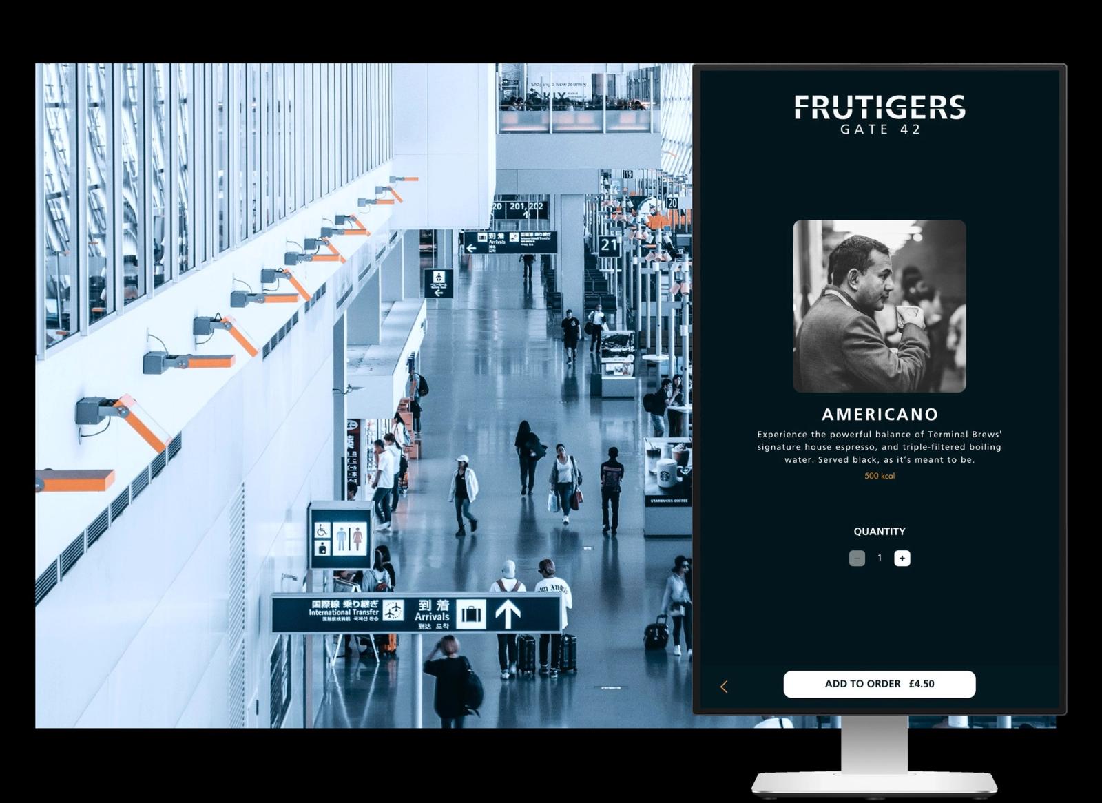 A QikServe kiosk standing in an airport concourse, showing a coffee product page