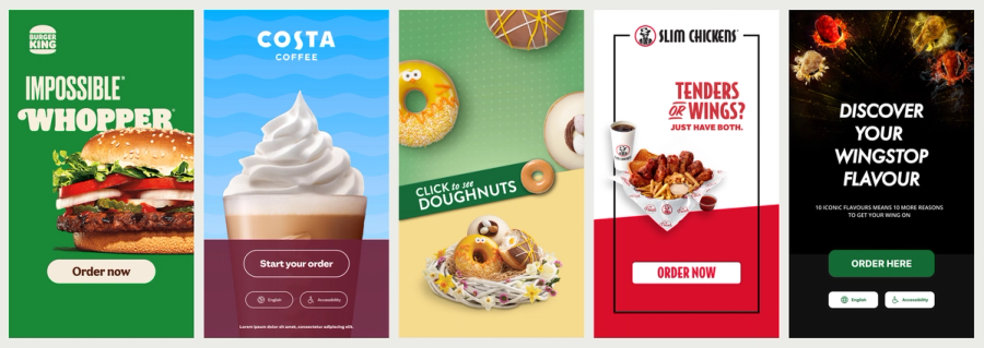 Five portrait attract screens for Burger King, Costa Coffee, Krispy Kreme, Slim Chickens and Wingstop
