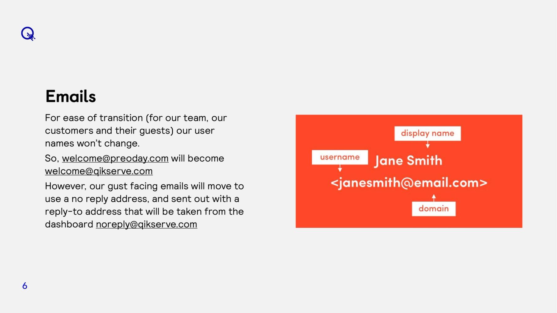 Slide from the Domains deck explaining how customer emails move from Preoday addresses to QikServe ones without changing anything users see