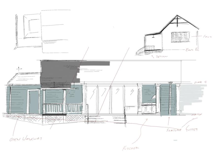 Sketched elevation of a long single-storey building with a veranda, part rendered in grey-green, with hand-written notes