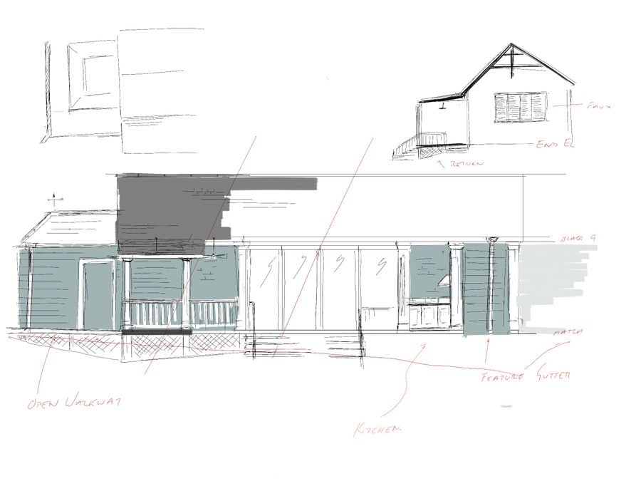 Sketched elevation of a long single-storey building with a veranda, part rendered in grey-green, with hand-written notes