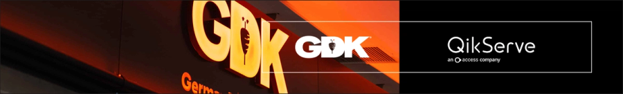 Wide banner pairing a lit GDK restaurant sign with the QikServe wordmark