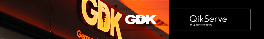 Wide banner pairing a lit GDK restaurant sign with the QikServe wordmark