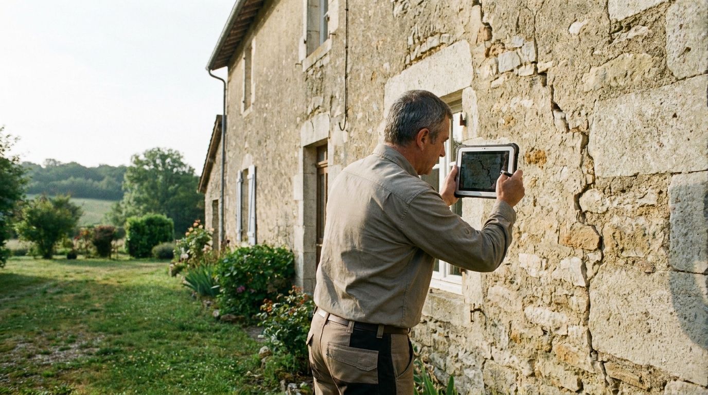 Diagnostic immobilier avant achat : un expert BTP examine la façade extérieure d'une maison individuelle, tablette en main.