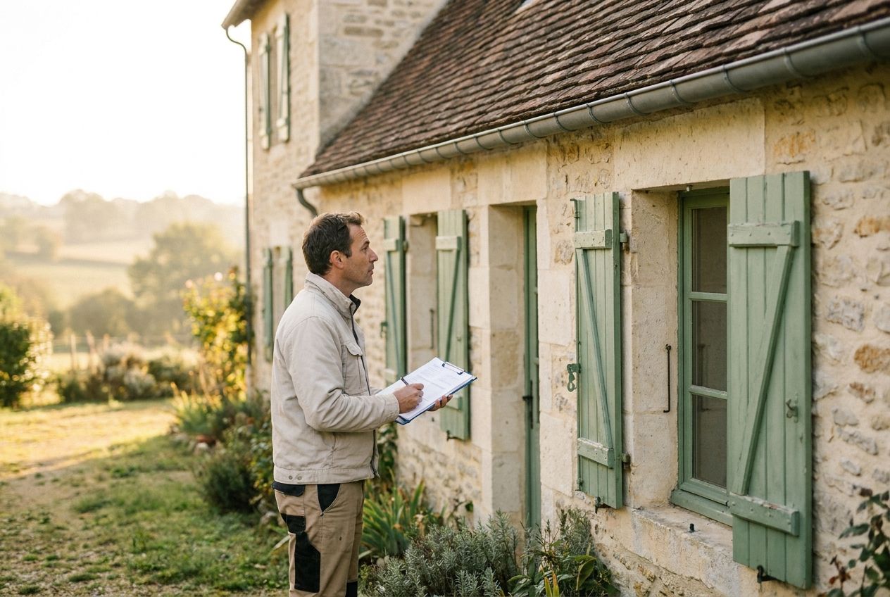 Accompagnement achat immobilier : un expert inspecte la façade d'une maison ancienne avant l'achat