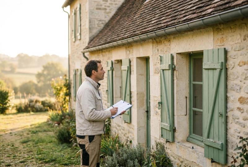 Accompagnement achat immobilier : un expert inspecte la façade d'une maison ancienne avant l'achat