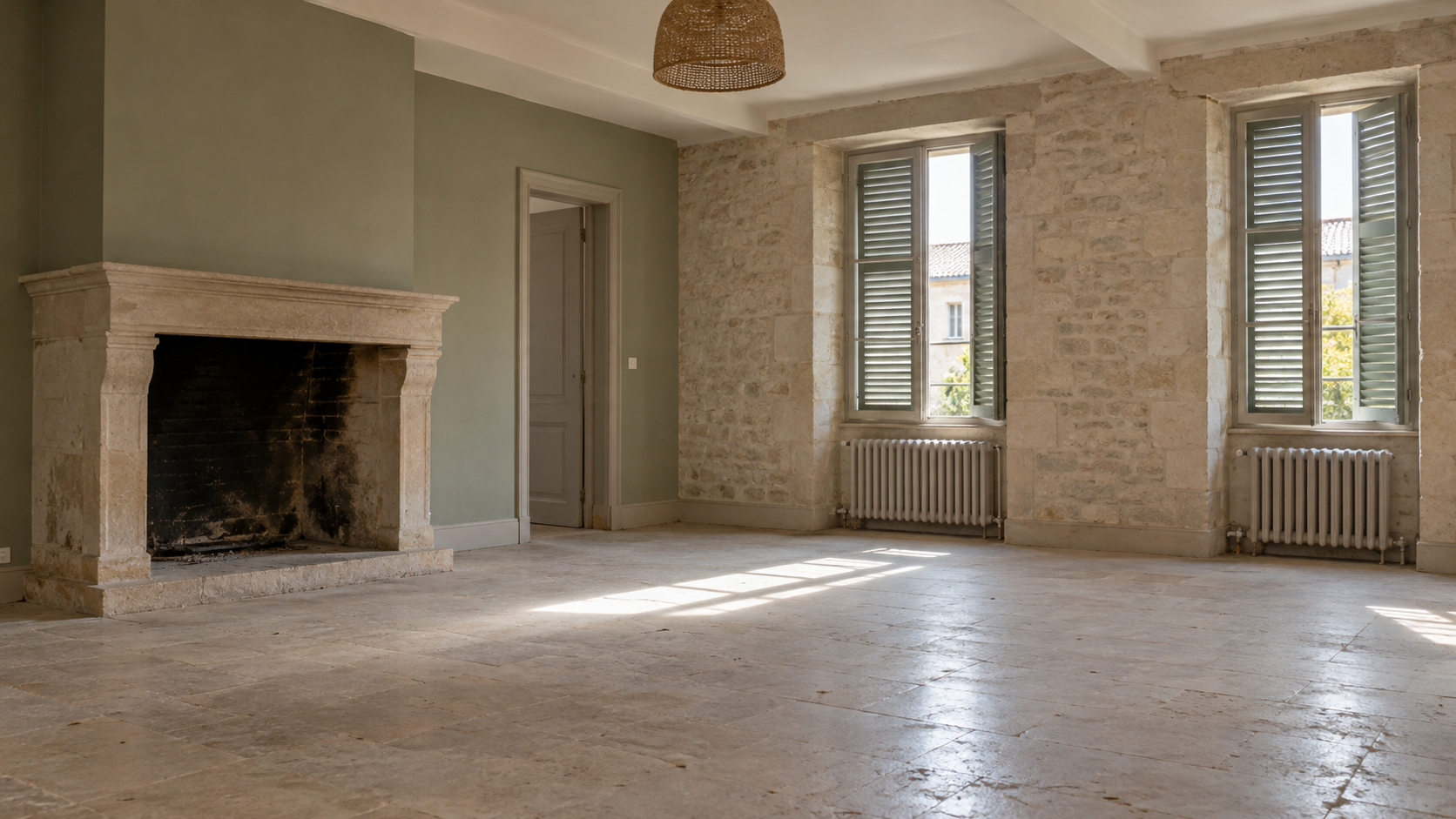 Pièce vide d’une maison inoccupée éclairée par une fenêtre