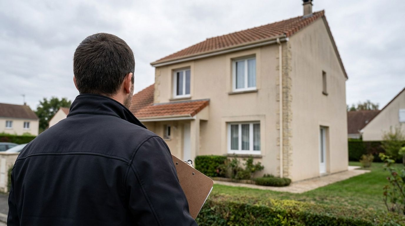 Inspecteur en accompagnement expert BTP examinant la façade d'une maison française avant achat immobilier.