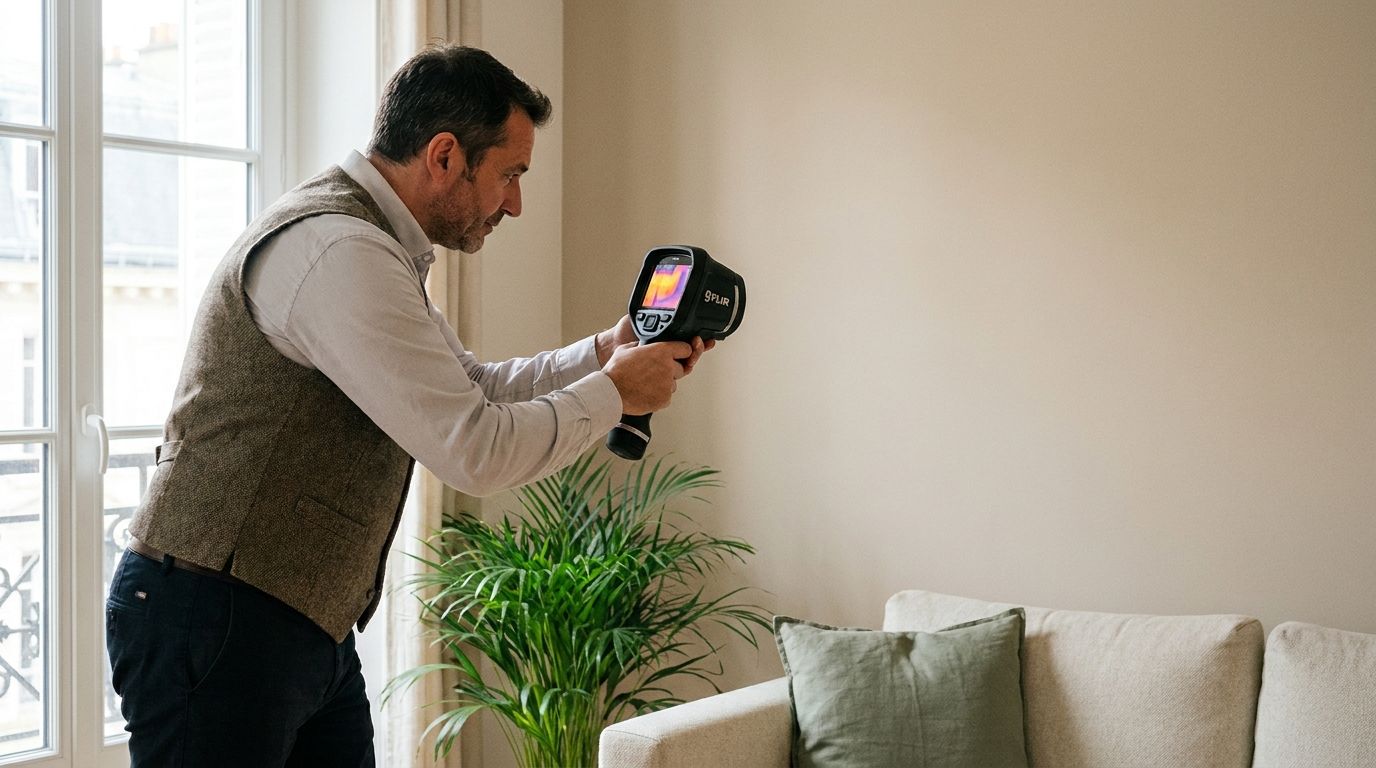 Expert BTP inspectant un mur avec une caméra thermique pour détecter un vice caché avant achat immobilier.