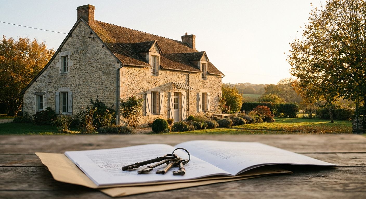 Maison ancienne en pierre et trousseau de cles sur un document, illustrant le recours apres un achat immobilier