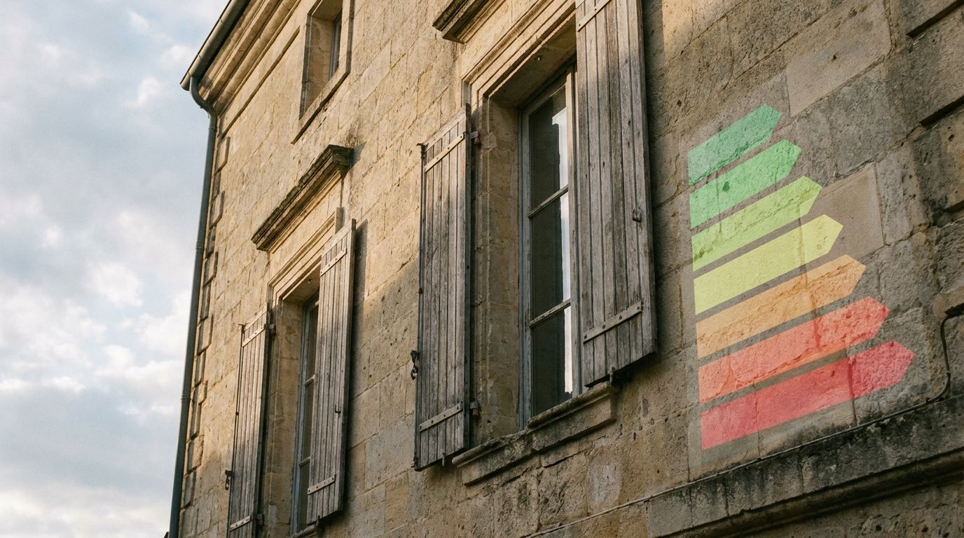 Façade de maison ancienne en pierre claire et étiquette énergie A à G stylisée — visuel d'article diagnostic immobilier.