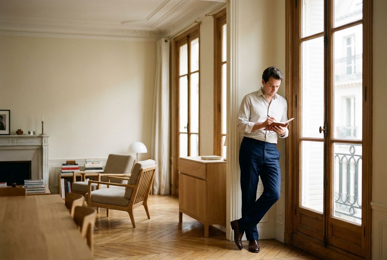 Accompagnement achat immobilier : visite d'un appartement ancien lumineux avec prise de notes sur un carnet.
