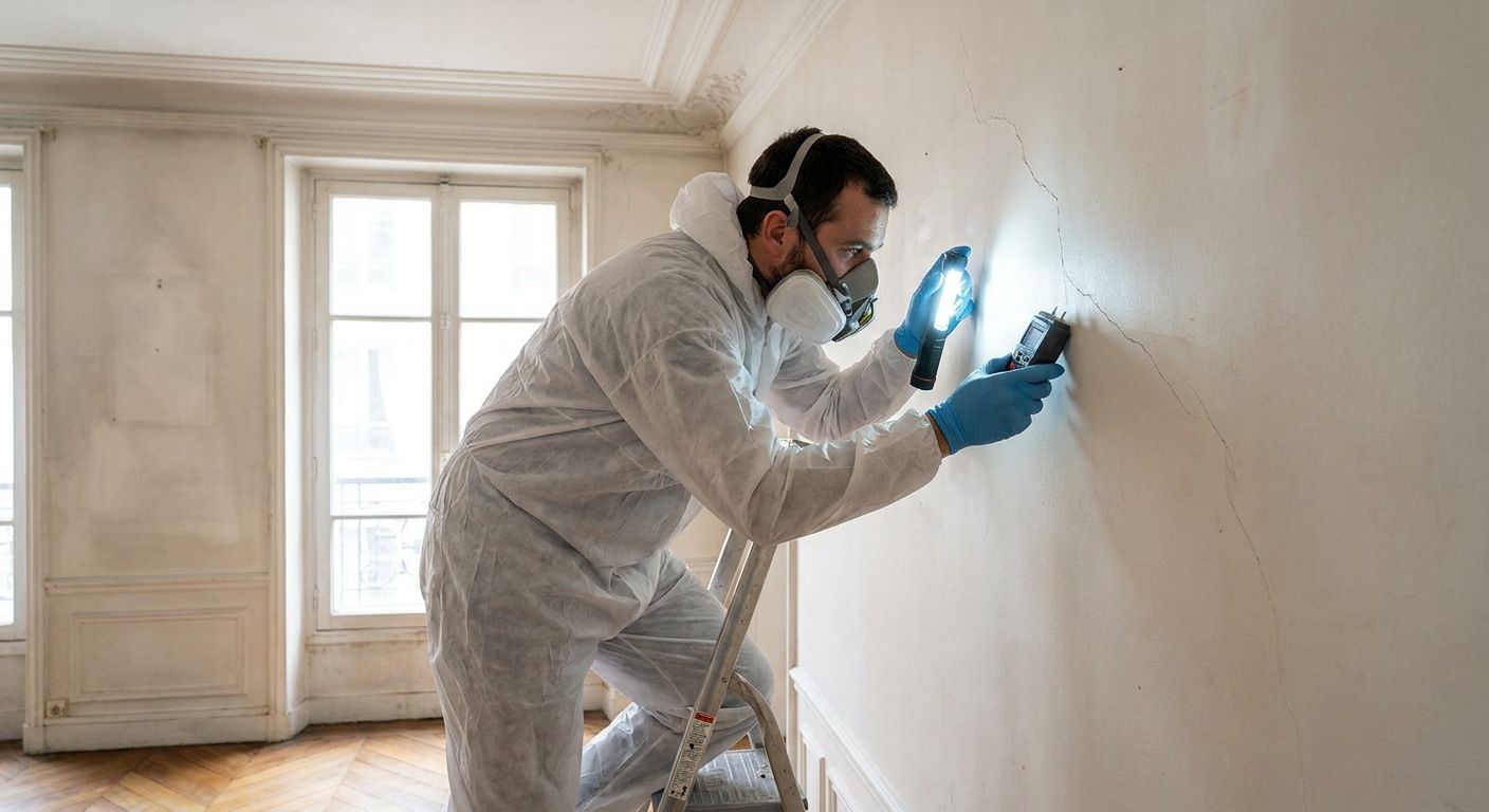 Diagnostic immobilier : un technicien en combinaison et masque inspecte une fissure murale dans un appartement ancien.