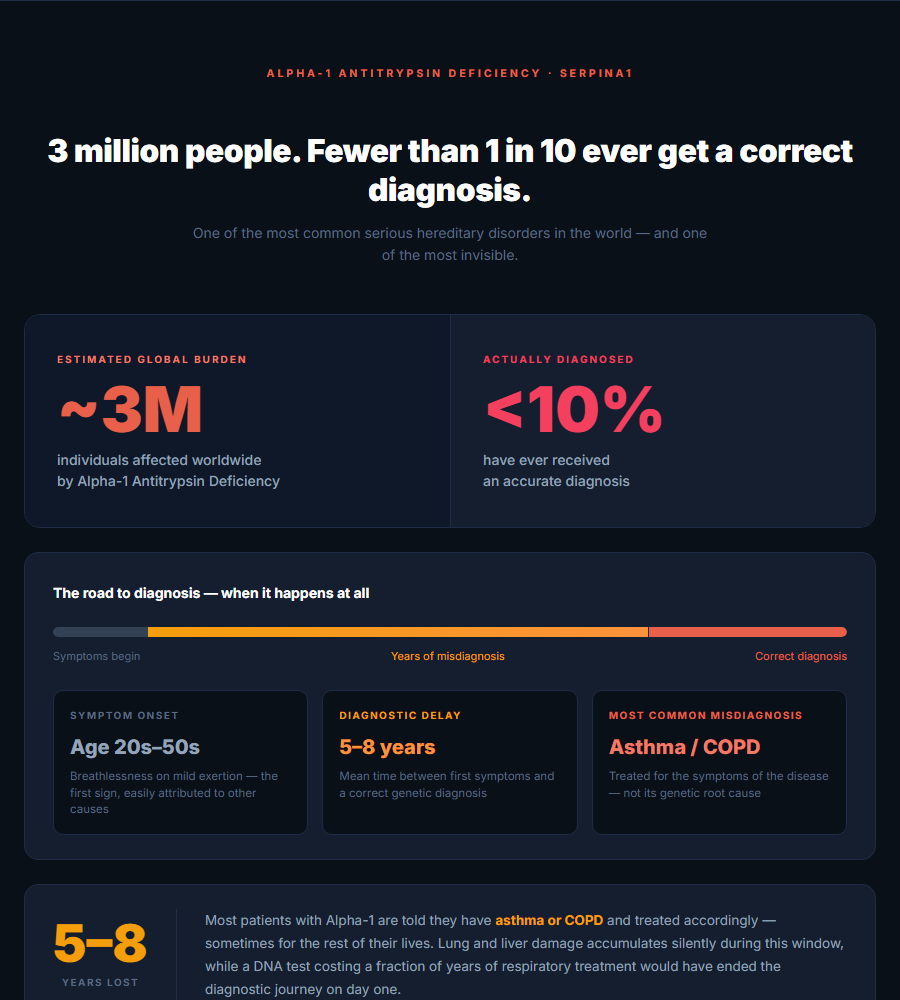 Alpha-1 Antitrypsin Deficiency — 3 million affected, fewer than 1 in 10 ever diagnosed