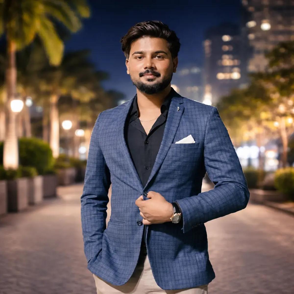 Rithik Roshan Hazarika standing outdoors in a formal blue blazer, representing a digital marketing strategist and entrepreneur from Assam
