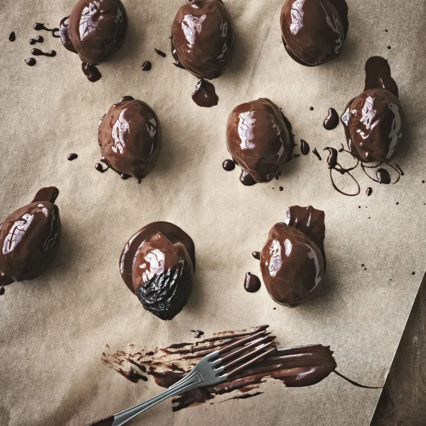 Fyldte svesker med marcipan og chokolade