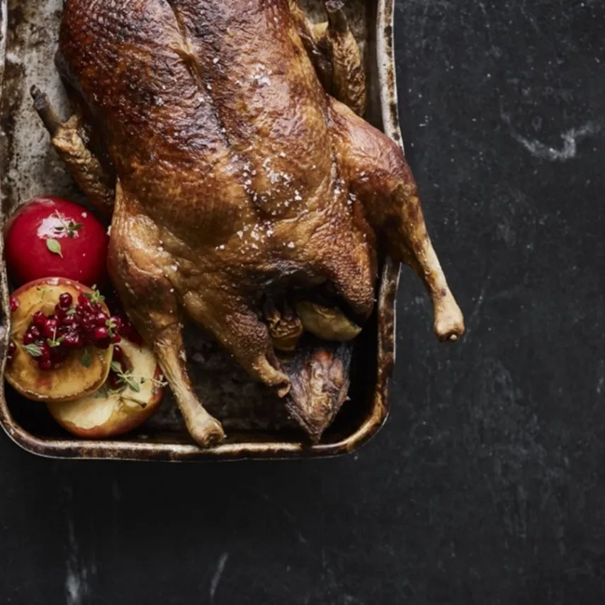 Grydestegt vildand med jordskokker og æbler