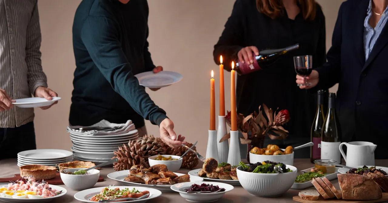 Kolleger henter mad fra Meyers' julebuffet på arbejdspladsen