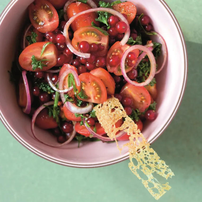 Tomatsalat med rødløg og ribs