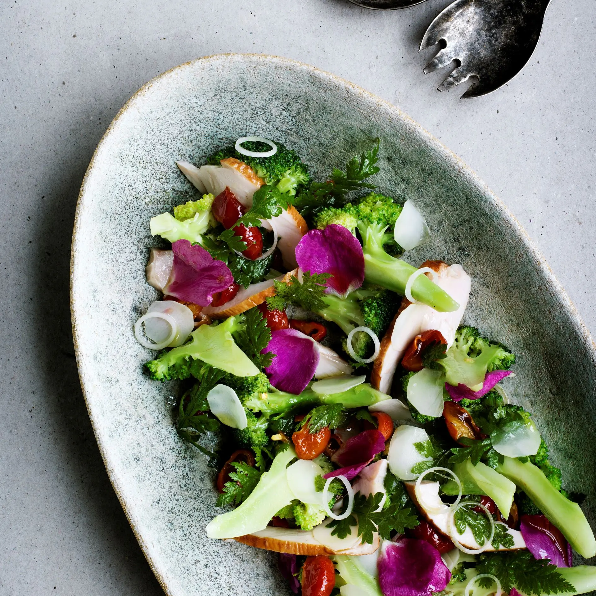 Broccolisalat med varmrøget kylling, sødskærm og hyben