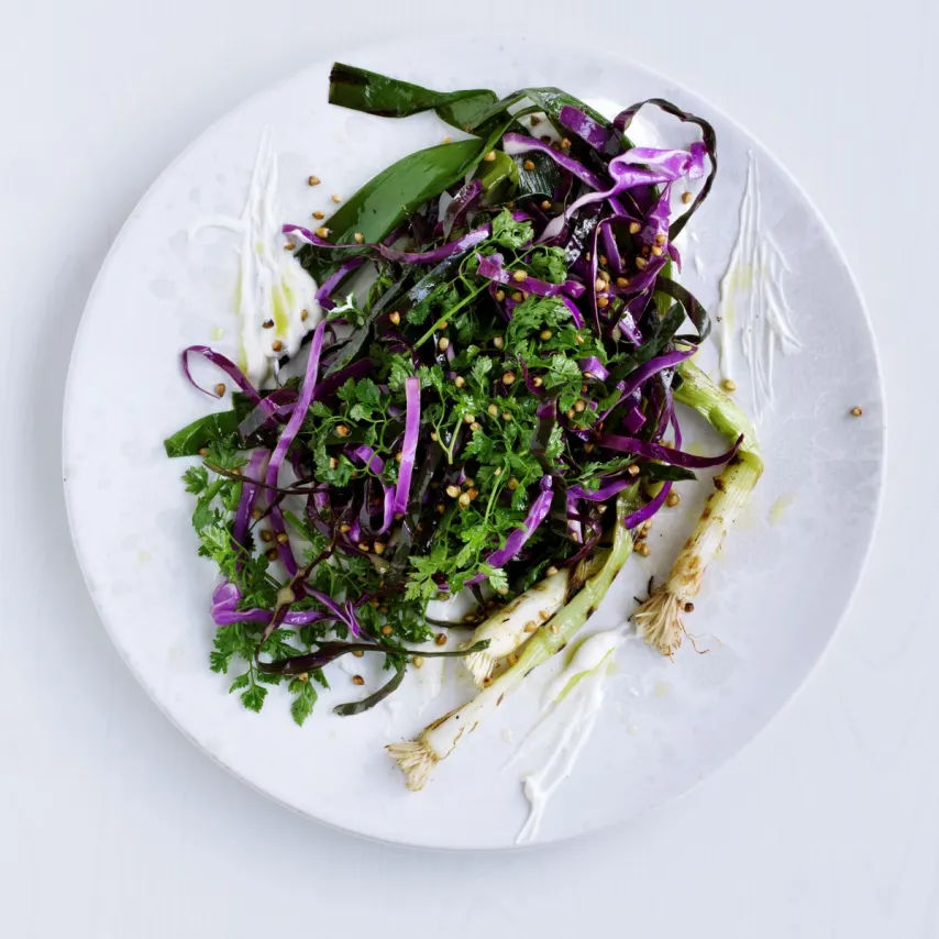 Rød spidskålssalat med grillede, syltede forårsløg, tykmælk og boghvedeknas