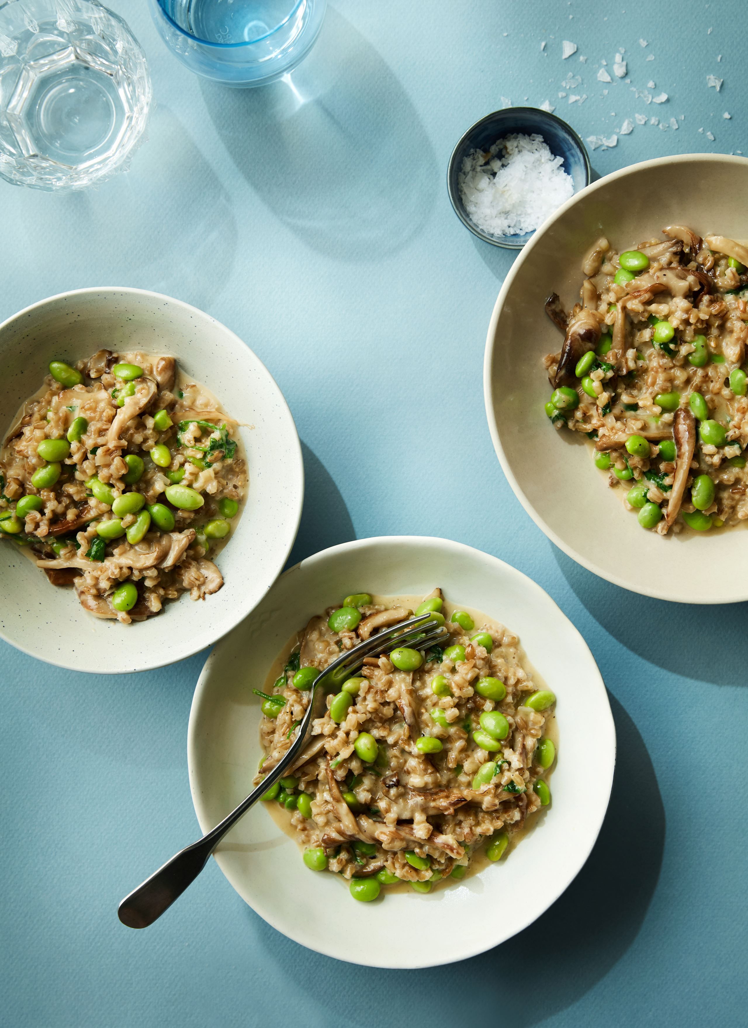 Kornotto med svampe og edamamebønner