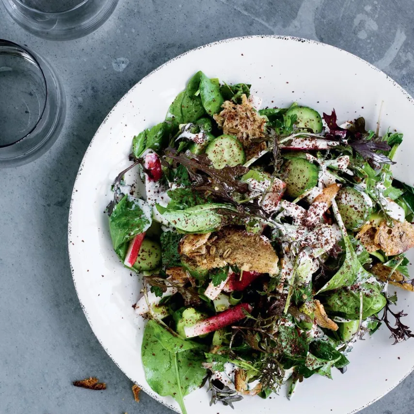 Arabisk brødsalat med nye grøntsager, grillet hvedebrød og yoghurt