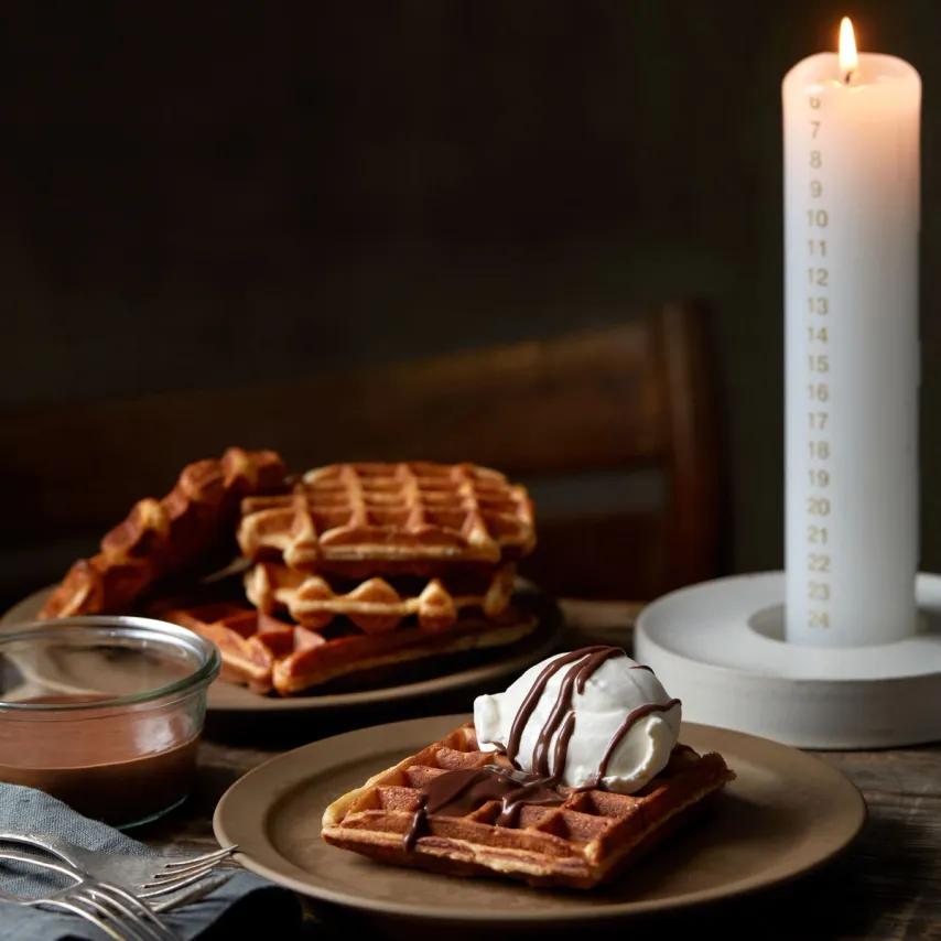 Belgiske vafler med rørt is og chokoladesauce