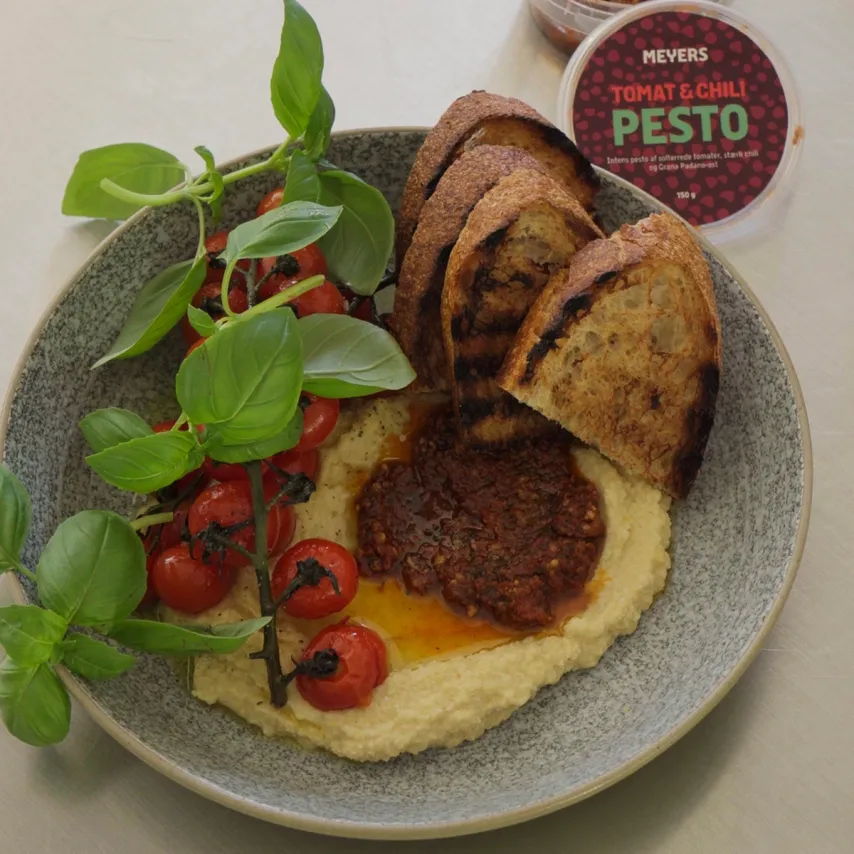 Ristet brød med pesto, hummus og bagte tomater