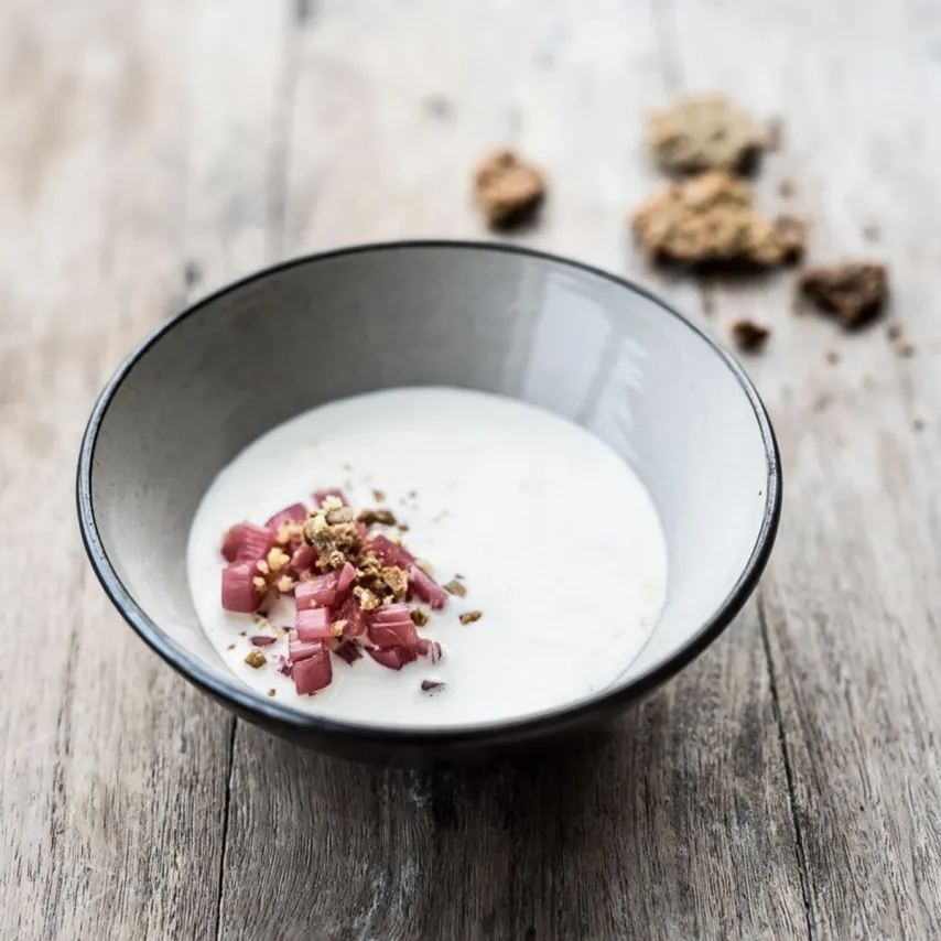 Koldskål med rabarber og knas