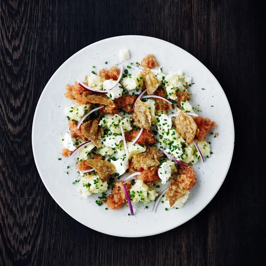 Stenbiderrogn med kartoffelrøsti og dressing