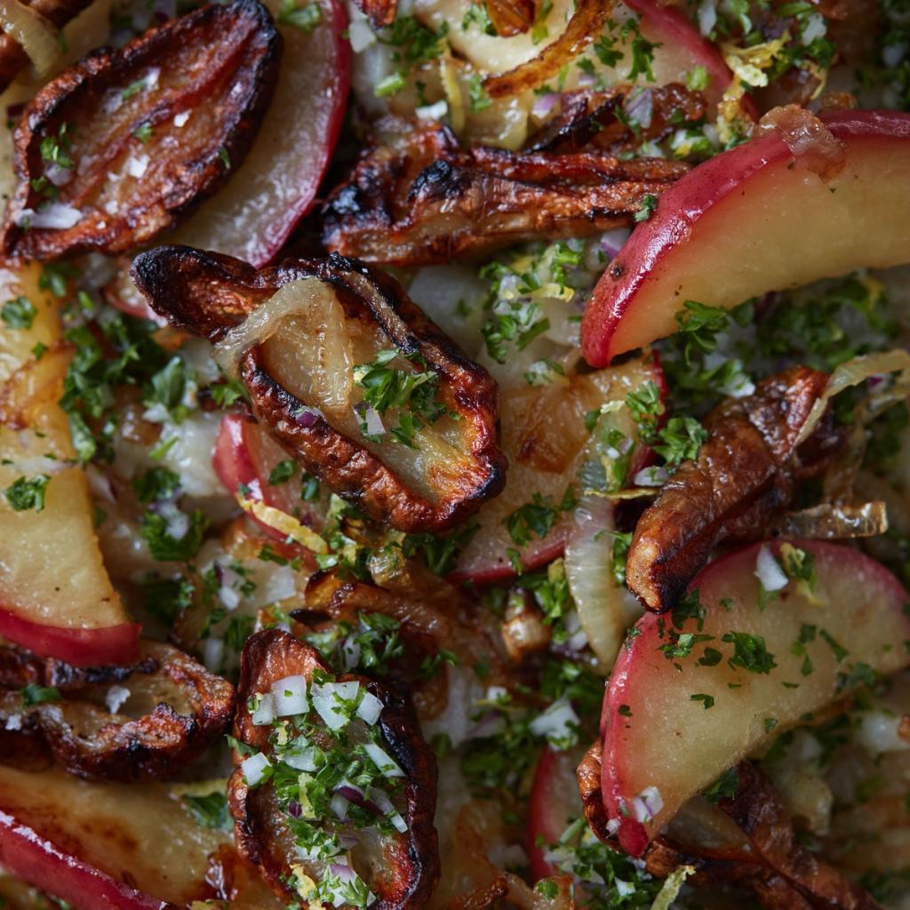 Sprøde jordskokker med stegte æbler, løg og gremolata