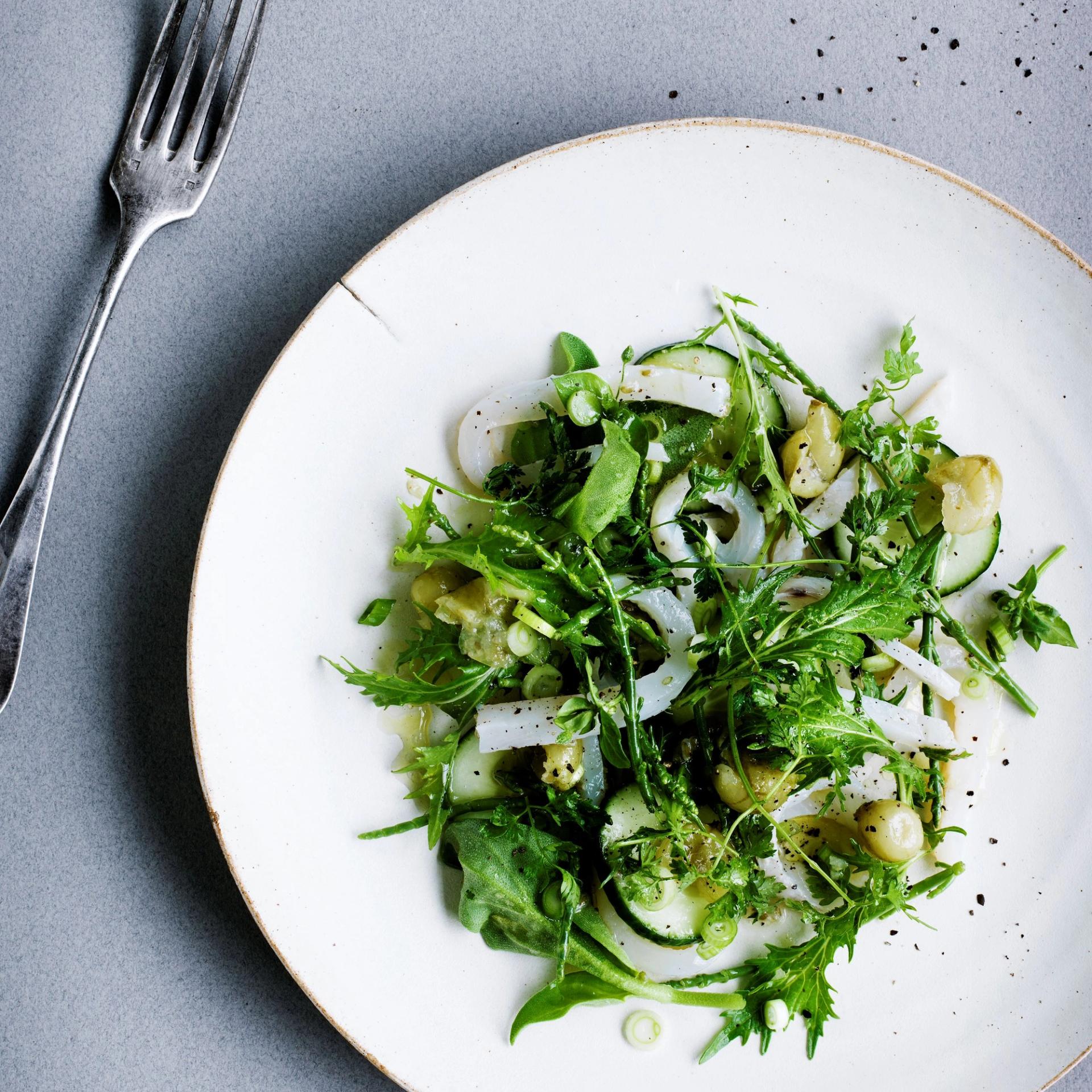 Råmarineret rødtunge med stikkelsbær, hyldeblomsteddike, salturt og agurk