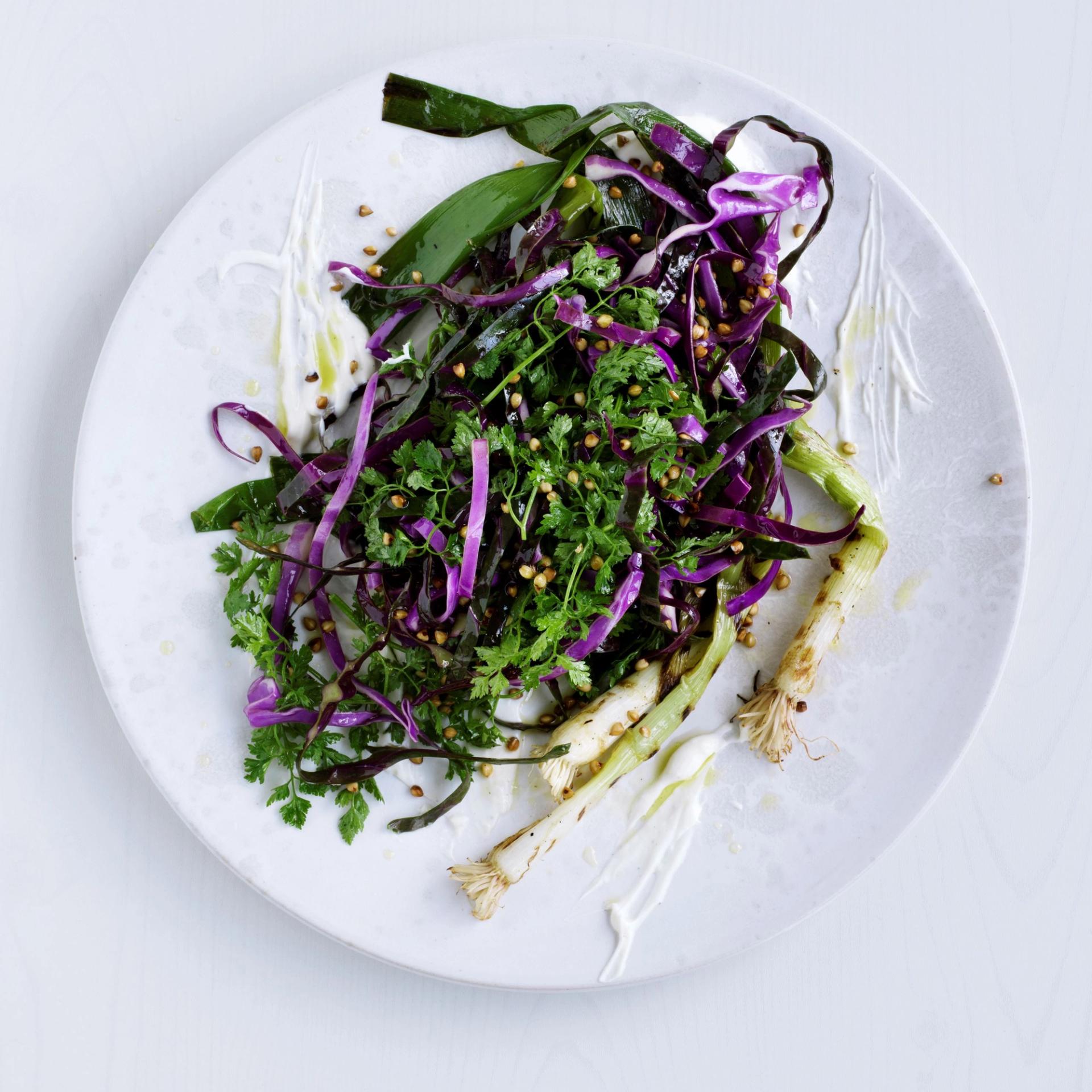 Rød spidskålssalat med grillede, syltede forårsløg, tykmælk og boghvedeknas