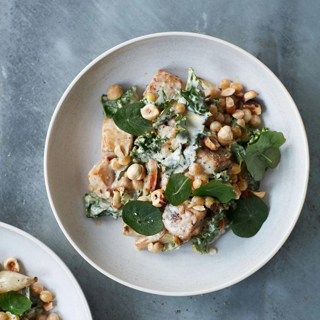 Nyfortolket cæsarsalat med gulärter, høbagt knoldselleri, grillet løg og ristede nødder