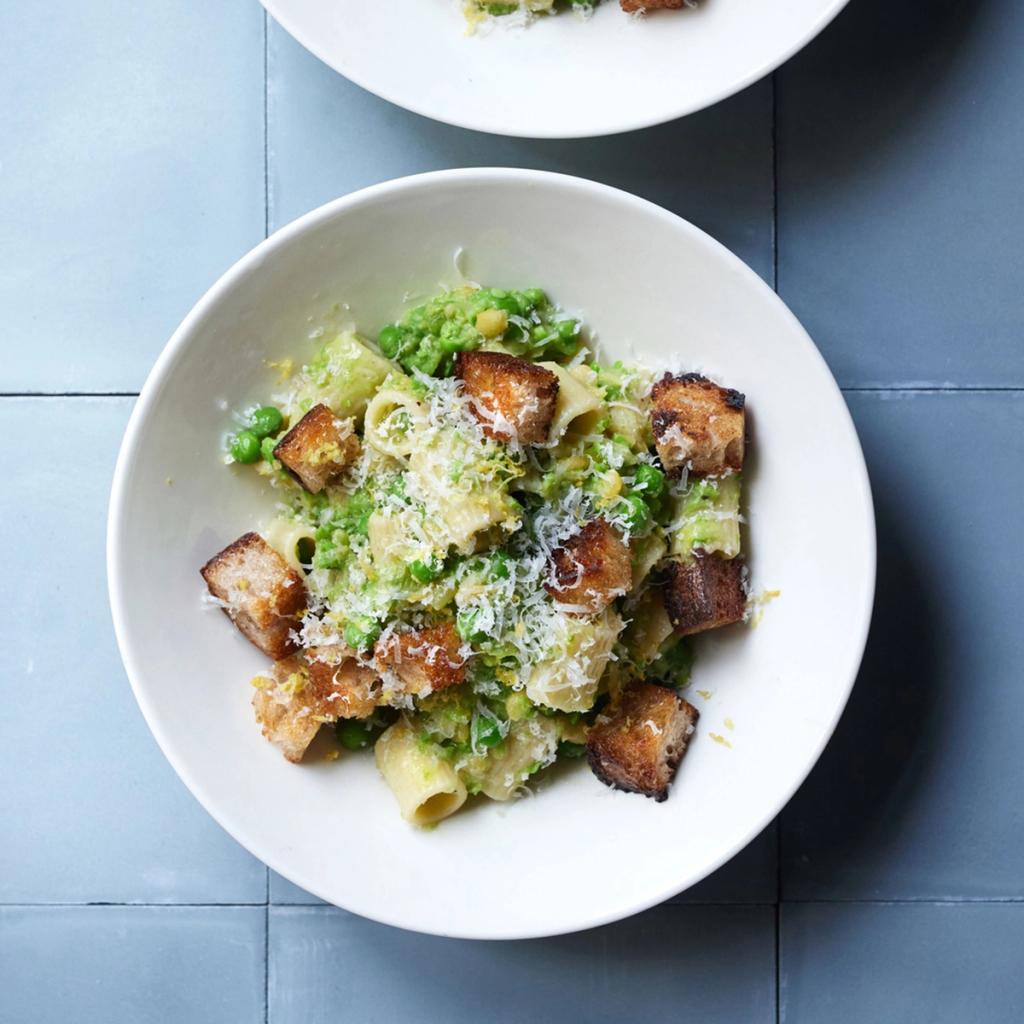 Pasta med porrer, ærtekompot og croutoner