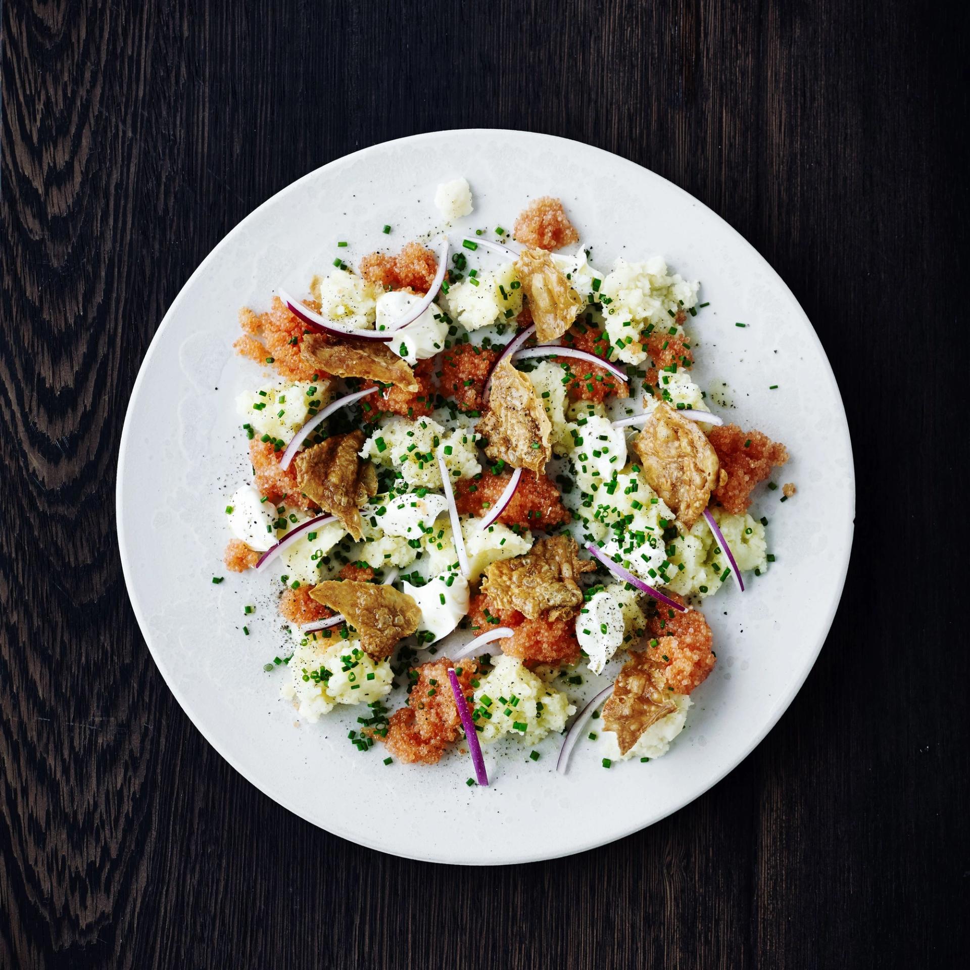 Stenbiderrogn med kartoffelrøsti og dressing