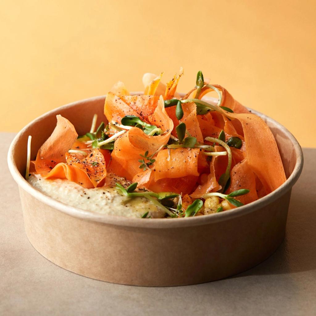 Frokostsalat med hummus, sprøde gulerødder og citrondressing