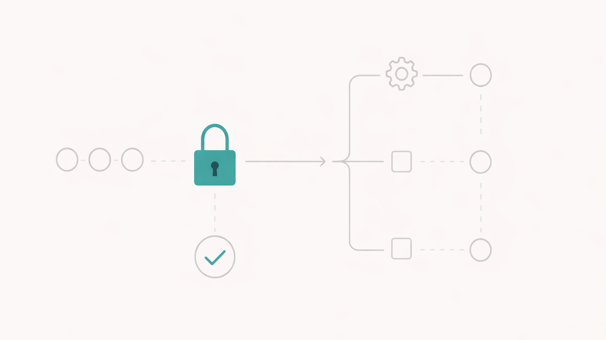 A central padlock connects to a checkmark and branching paths leading to various outlined circles and squares.