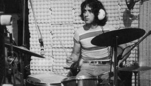 Black and white picture of drummer Jaki Liebezeit.