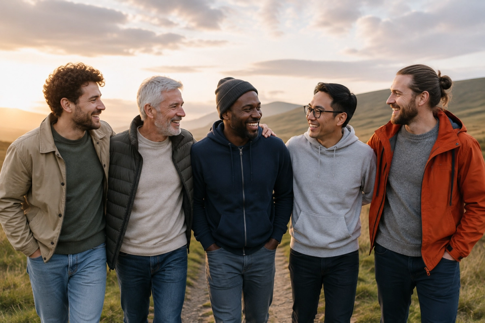 A diverse group of men of different ages and ethnicities standing together