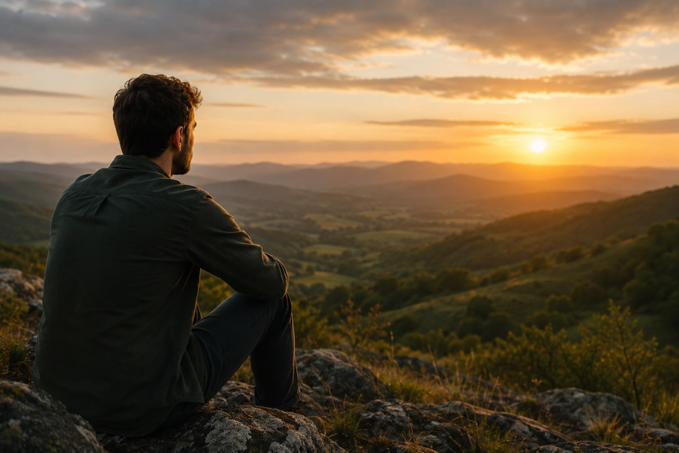 A man walking alone up a mountain path toward distant peaks