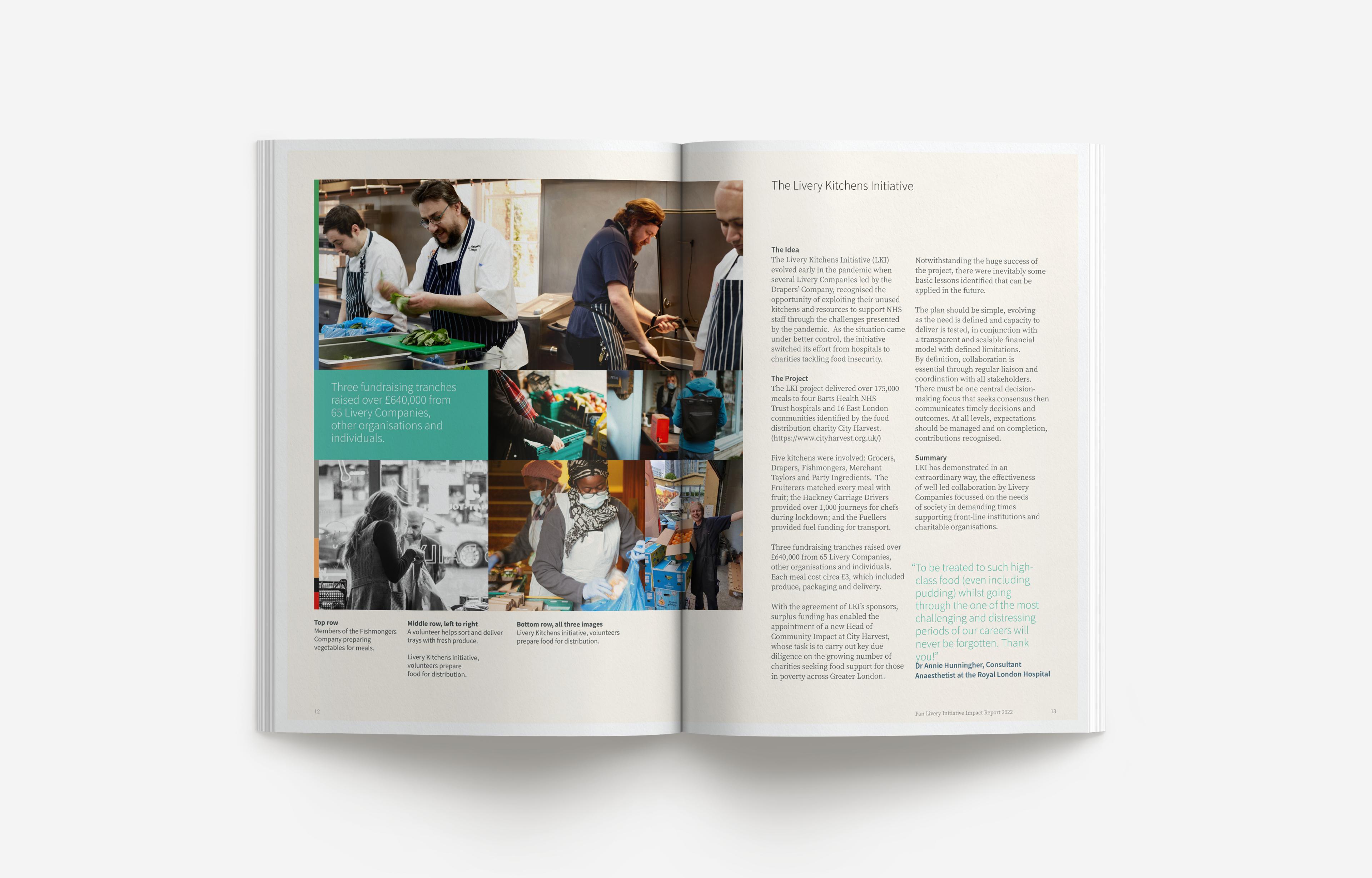 Inside spread of the Pan Livery Impact Report 2022, with photo montage of people working in the Pan Livery Kitchens, and some text