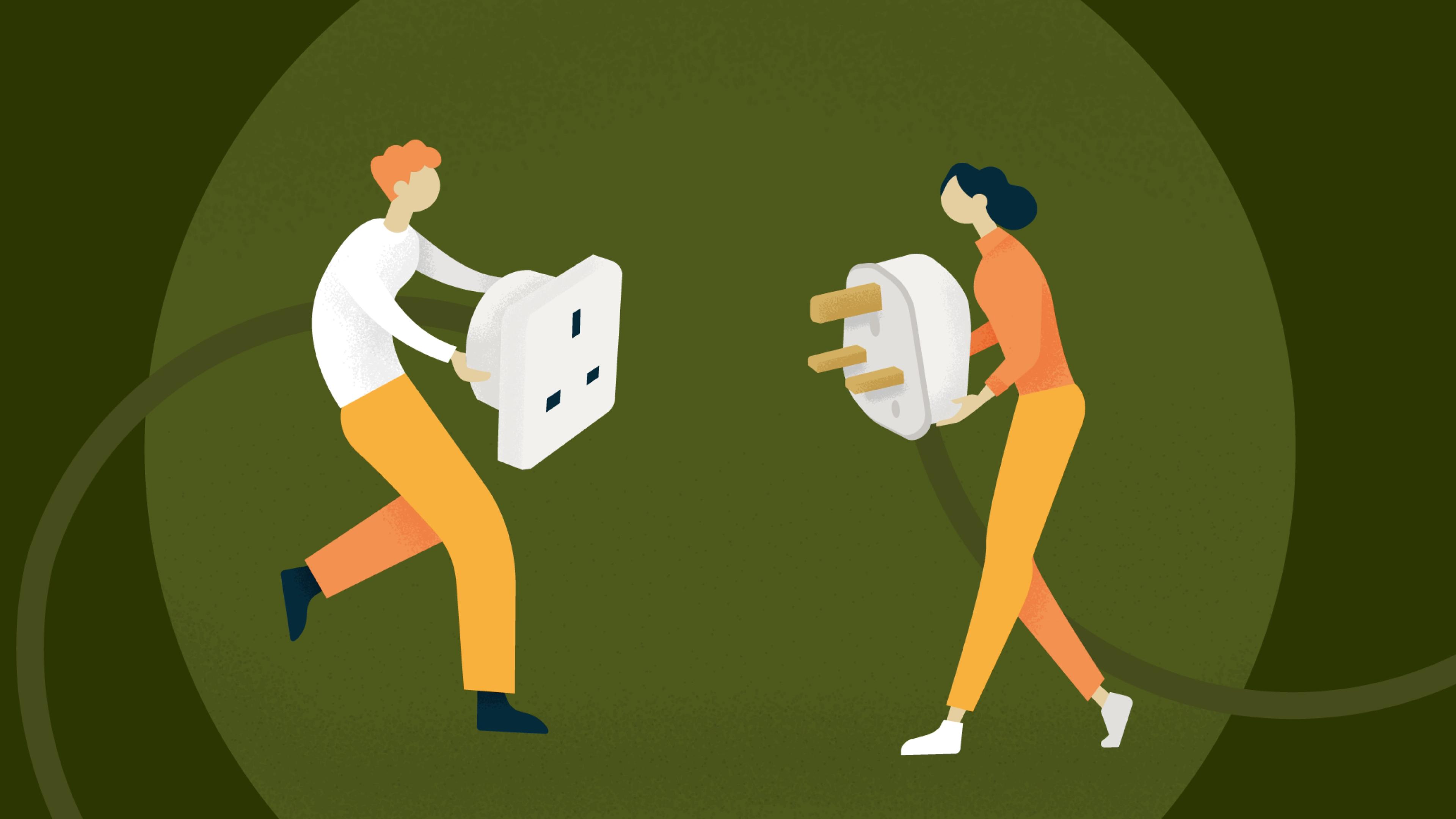 Vector illustration in a simplistic, conceptual style of a woman and a man, one holding a plug the other holding a plug socket, on a green background.