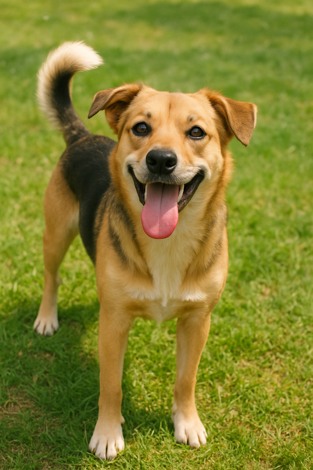 Hunden på bildet utstråler ren glede og energi. Med logrende hale og et vennlig uttrykk står den klar på gresset, som om den venter på å leke eller gå tur. Den åpne munnen med tungen ute gir inntrykk av en leken og entusiastisk personlighet.