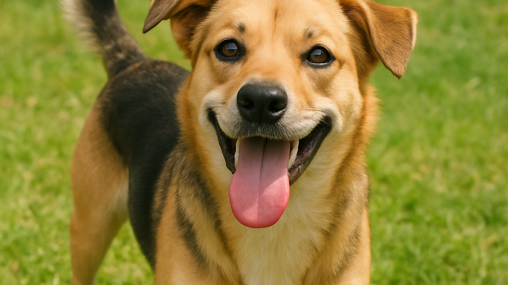 Hunden på bildet utstråler ren glede og energi. Med logrende hale og et vennlig uttrykk står den klar på gresset, som om den venter på å leke eller gå tur. Den åpne munnen med tungen ute gir inntrykk av en leken og entusiastisk personlighet.