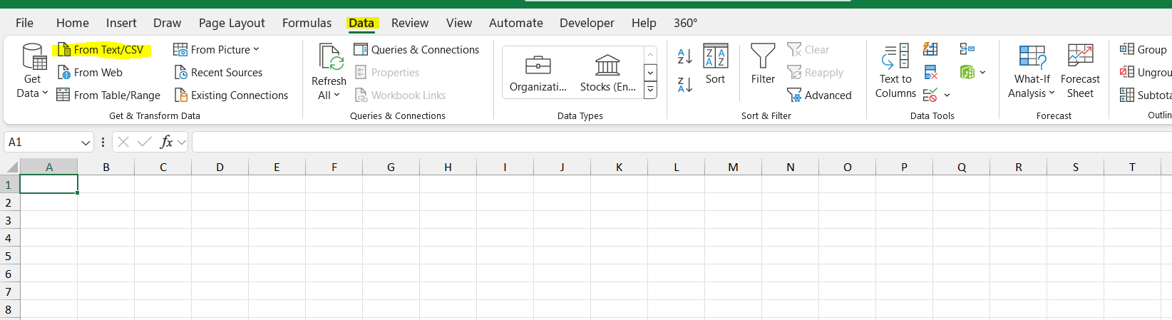 Screen shot of the banner Data in Excel