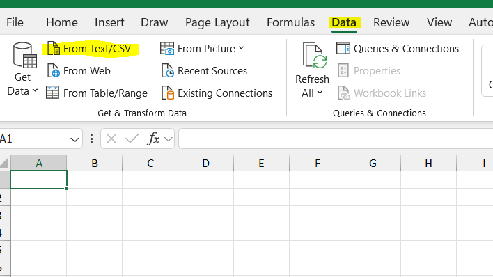 Screen shot of the banner Data in Excel